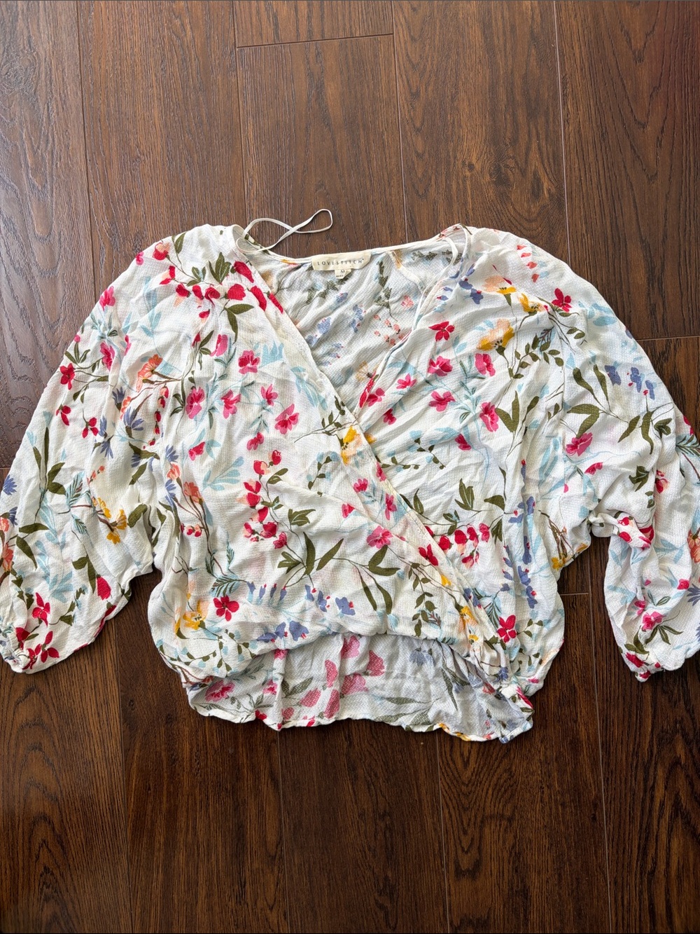 EUC Floral Wrap Blouse - White with Pink & Green